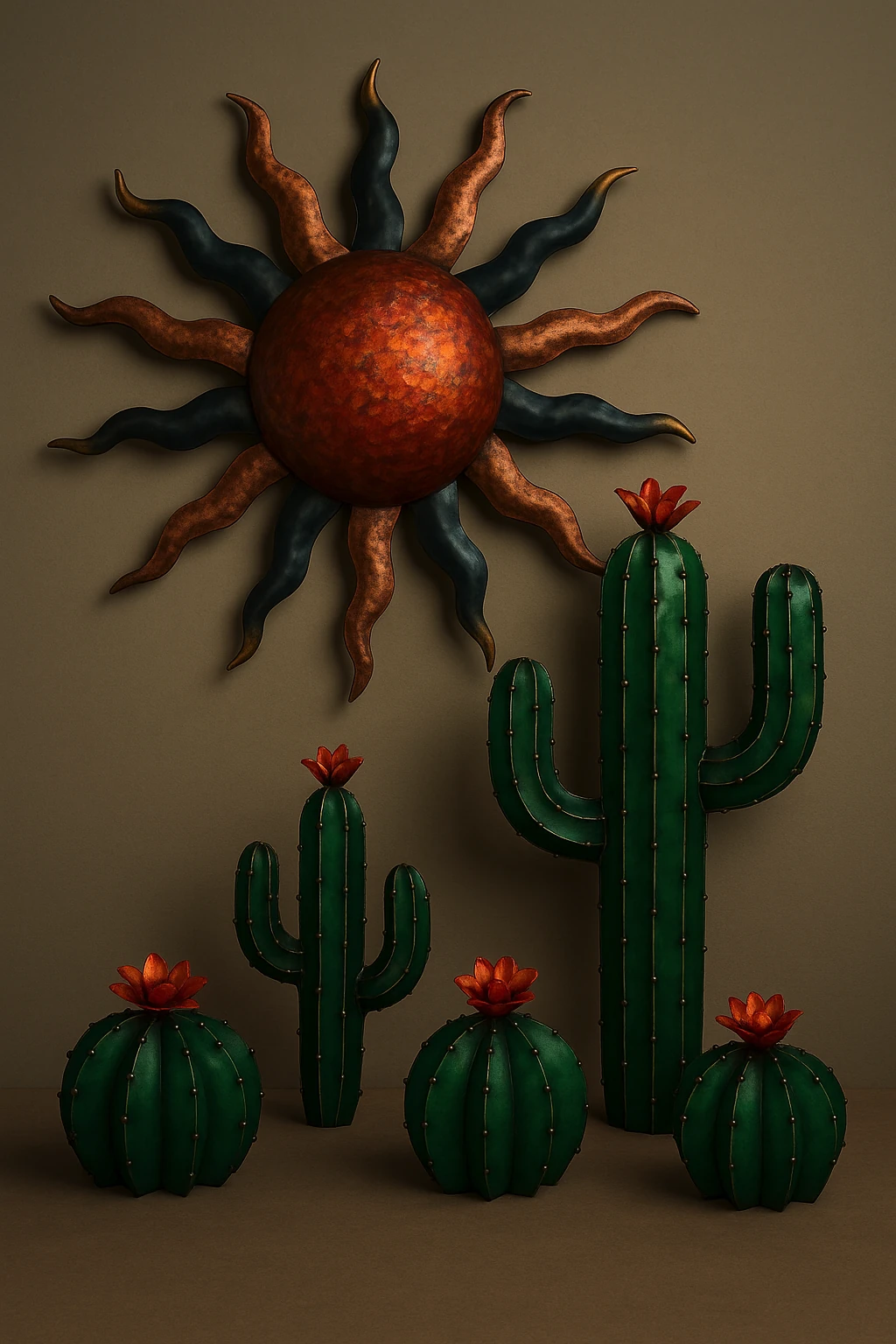 Metal cactus and copper sun wall art